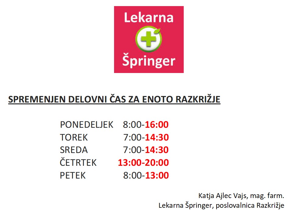 Spremenjen delovni čas Ambulante Razkrižje in Lekarne Špringer, podružnica Razkrižje 1